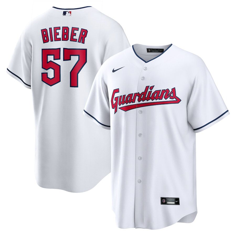 Men Cleveland Guardians #57 Shane Bieber Nike White Replica Player MLB Jersey->youth mlb jersey->Youth Jersey